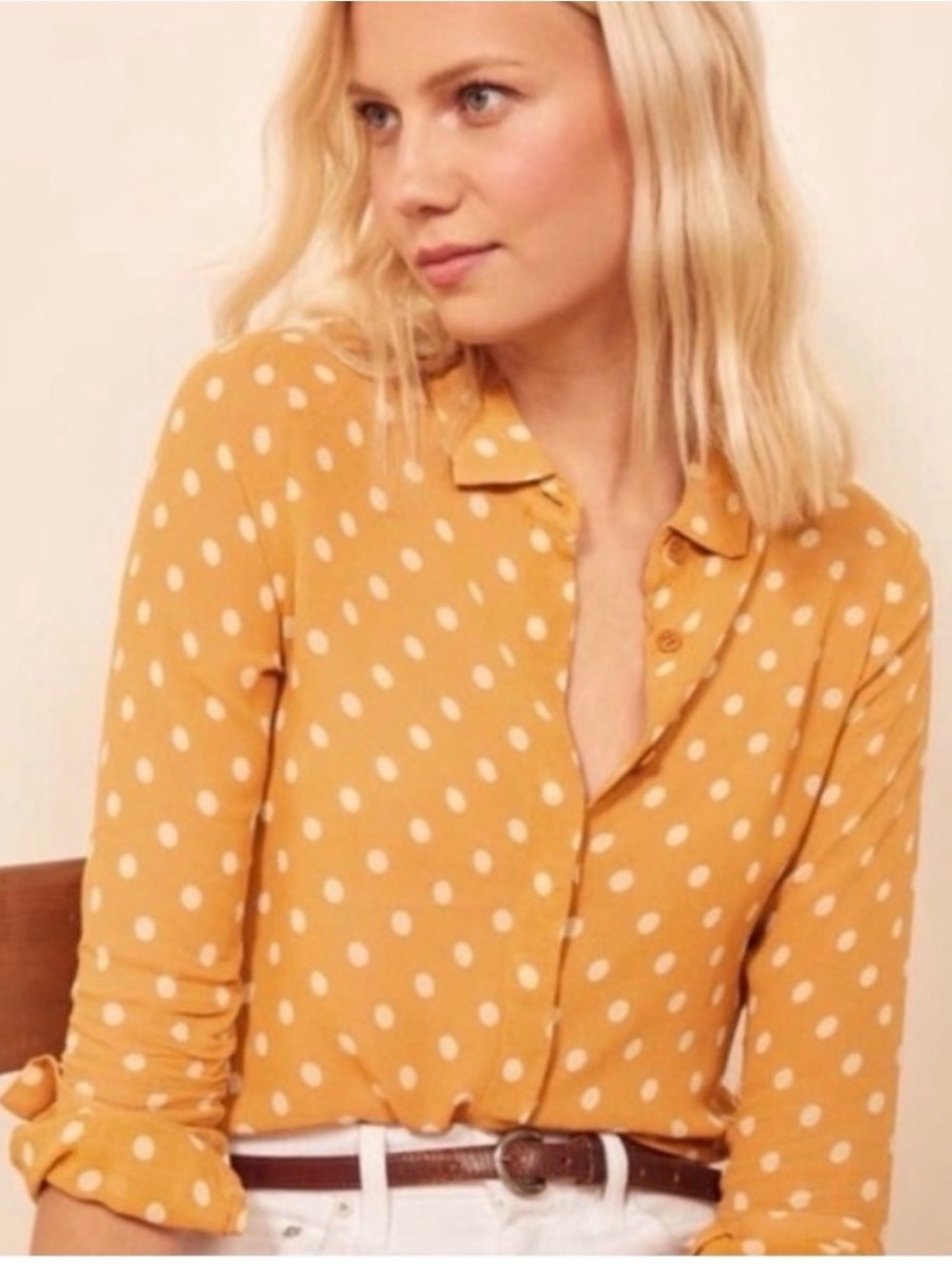 Reformation Violet Polka Dot Mustard Button-Up Blouse - Women's Top